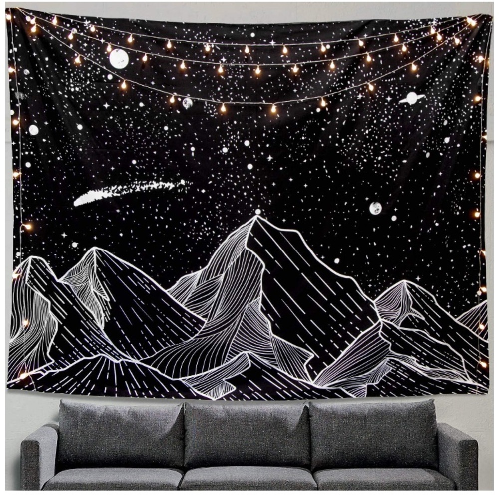 Retro Black/White Mountain Night Starry Sky Nature Wall Tapestry/Art